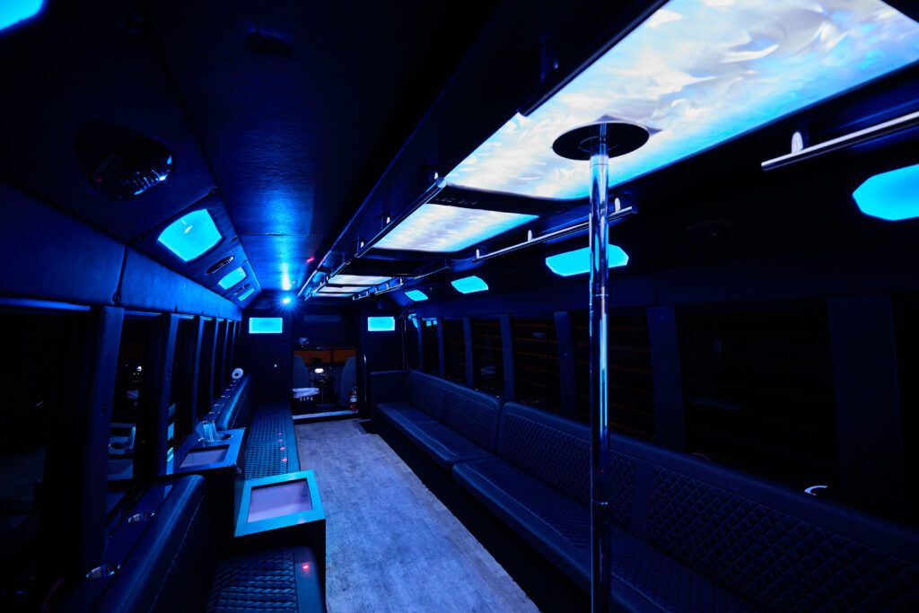 Party Bus Interior4 Luxury interior of a Calgary party bus with LED lighting and premium seating